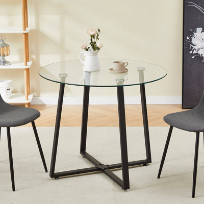 35.4" Tempered Glass Round Table with Black Metal Base for Kitchen, Dining & Living Room