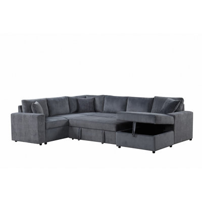 123"W Gray Corduroy Sleeper Sectional Sofa With Right-Facing Storage Chaise And Throw Pillows