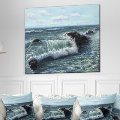 Vagues déferlantes et rochers-impression d’art graphique sur toile tendue