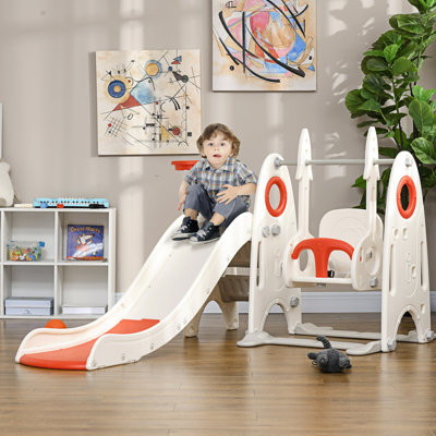Qaba Toddler Swing Set, 4 In 1 Toddler Playground For Kids 1-3 Years Old, Indoor Toddler Playset With Slide, Swing, Basketball Hoop, Climber, Basketball