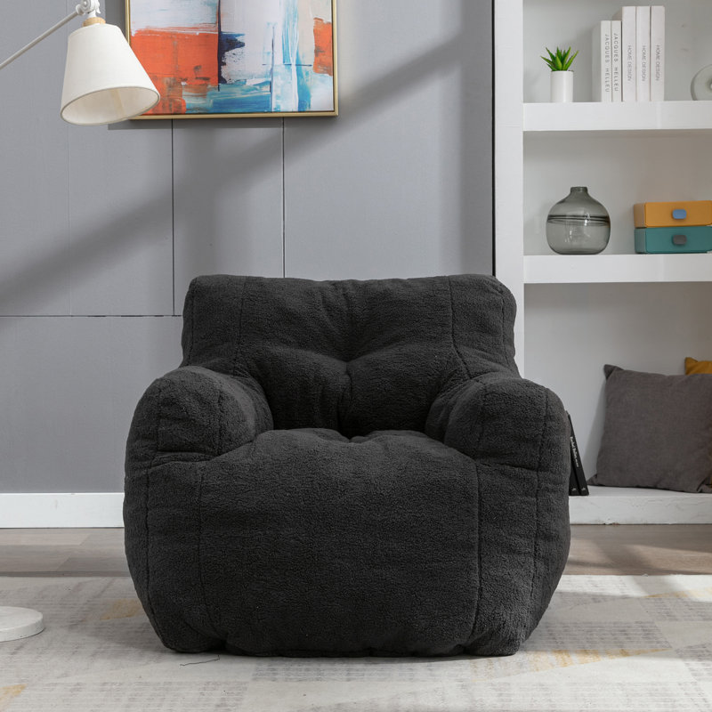 Aeri Compression Medium Adult Soft Fabric Bean Bag Chair With Foam Filled, Black Faux Fur