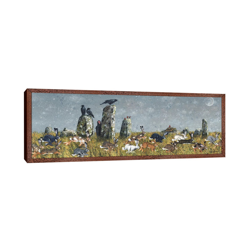 The Running Of The Hares by Maggie Vandewalle - Panoramic Painting on Canvas, Classic Brown Wood Framed