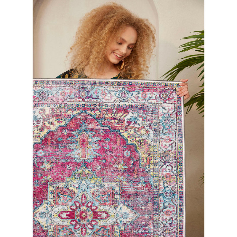 Premium 100% Cotton Area Rug (5.9 x 9.2 ft), Antibacterial, Non-Slip PVC Underside | Pile Height: 0.4 in, Total Thickness: 0.3 in | Machine Washable, Elegant White & Tile Red/Green/Blue Design for Home Decor
