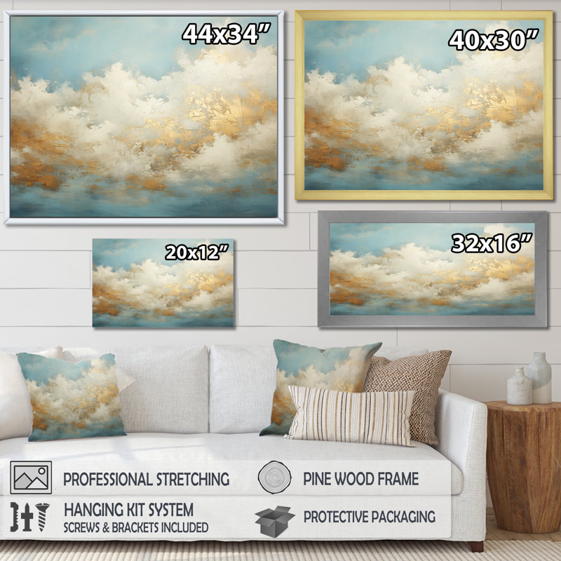 Beige doré minimalisme nuages - art mural nuages, H 12 po x l 20 po x P 1 po, Toile tendue