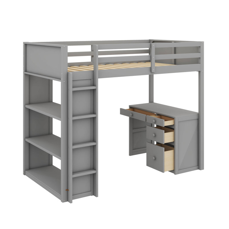 Lit mezzanine moderne avec échelle et tablettes, Gris