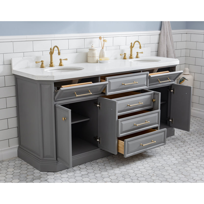 Bruning 72" Carrara Engineered Marble Countertop Bath Vanity with Faucet, Cashmere Gray, Satin Brass Deck Mount, Hook