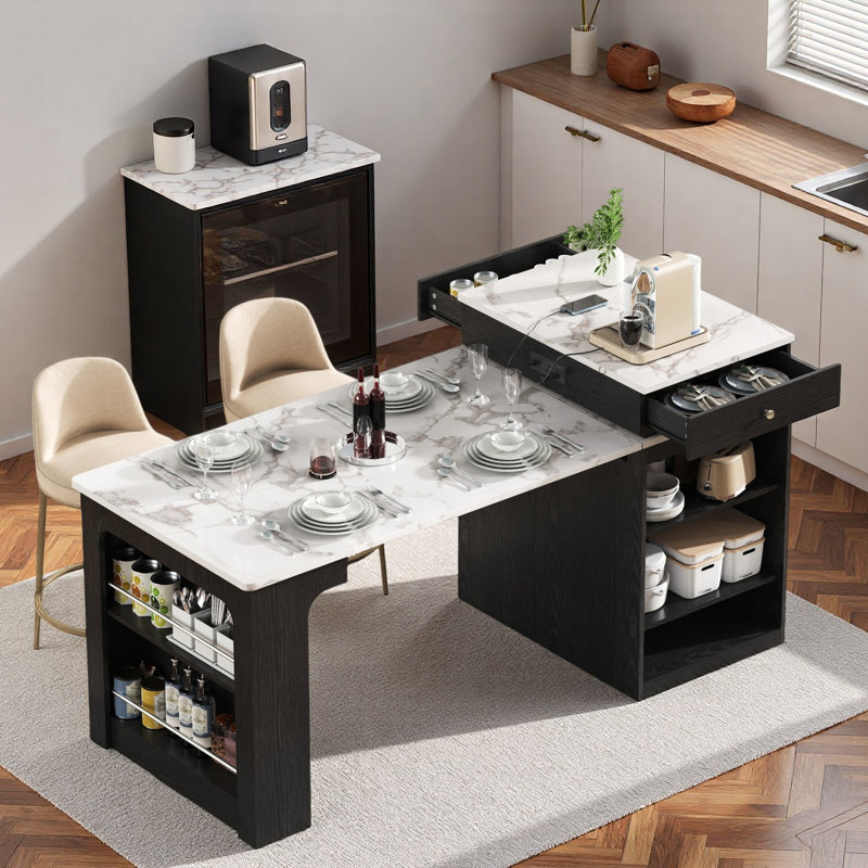 Kitchen Island With Extendable Dining Table, Double-sided Storage, 2 Drawers, Power Outlet And Side Open Shelves, Black