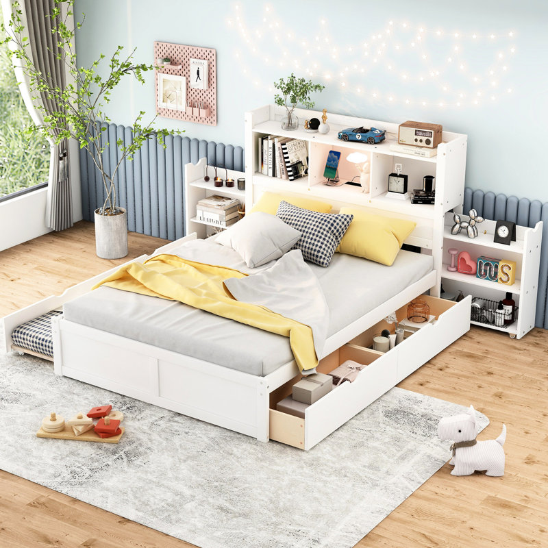 Lit plateforme avec rangement et tablettes coulissantes, lit gigogne simple et 2 tiroirs