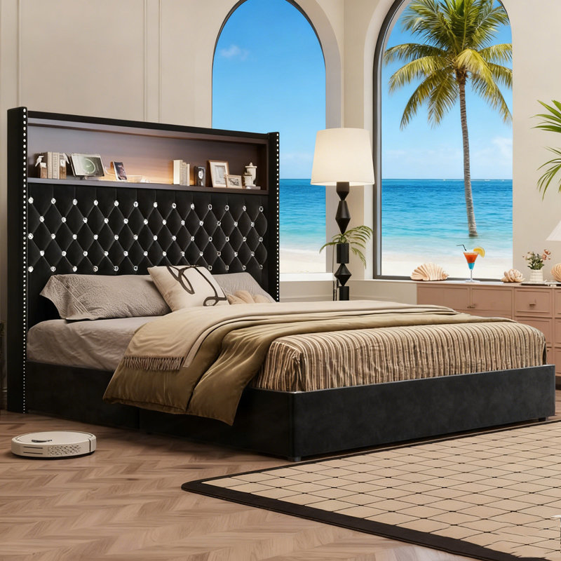 Cadre de lit doux en velours capitonné avec port USB et veilleuse, tête de lit haute 52 po avec rivets, Lit double