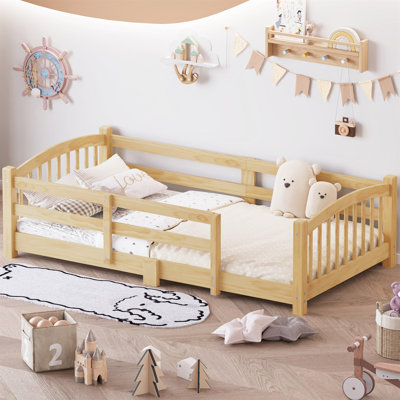 Twin Montessori Floor Bed With Slats And Safety Guardrails, Solid Wood Floor Bed With Fence And Without Door, Easy Assemble Montessori Bed