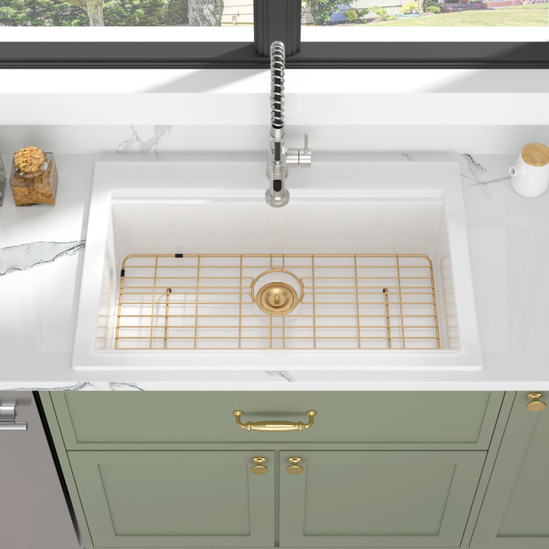 Évier de cuisine encastré en argile réfractaire blanche 33 po avec accessoires dorés