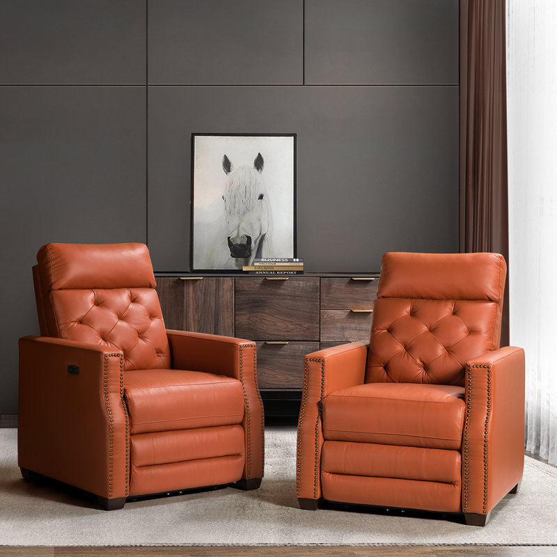Gumesindo 31.50" Wide Genuine Leather Power Recliner, Brick  Genuine Leather