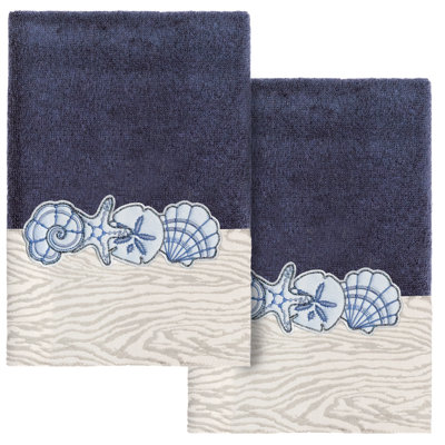 SHELL ROW 2PC Embellished Hand Towel Set 100% Turkish Cotton Hand Towel