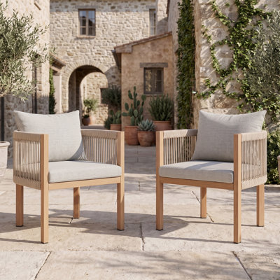 Woven Rope Patio Dining Armchairs Set of 2, Wood-Look Heat Transfer Iron Framed Outdoor Dining Chairs with Removable Cushion for Deck Porch Backyard