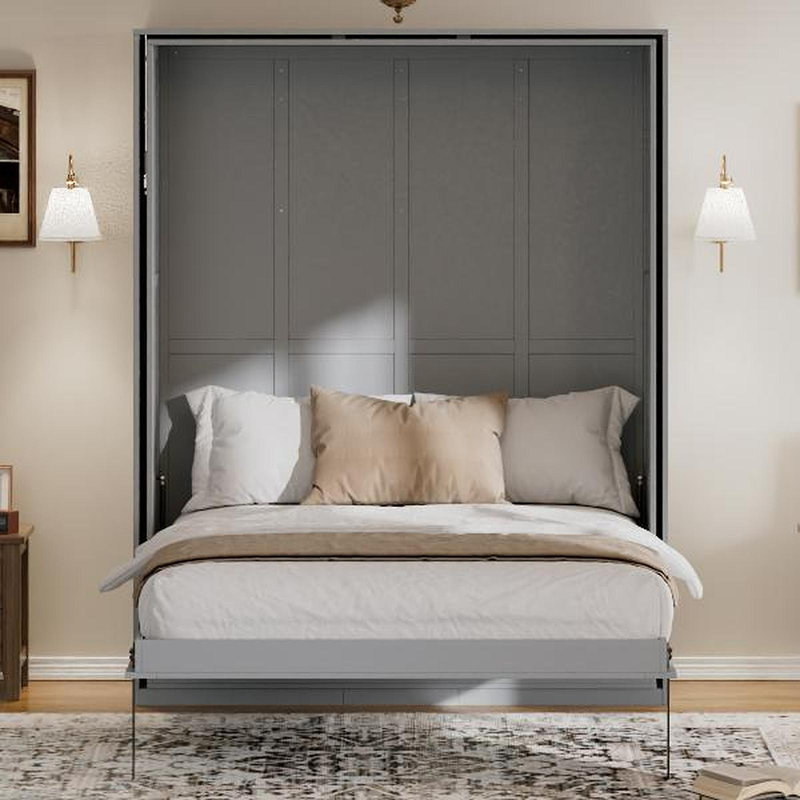 Grand lit escamotable rotatif avec supports de rangement cachés, lit mural multifonctionnel peu encombrant pour le bureau à domicile et les petites pièces, gris