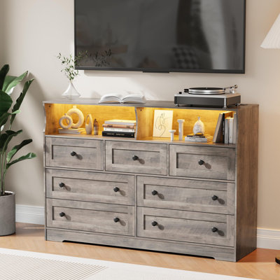 7 Drawer Dresser with LED Lights & Charging Station, Wood Storage Chest with Open Shelves