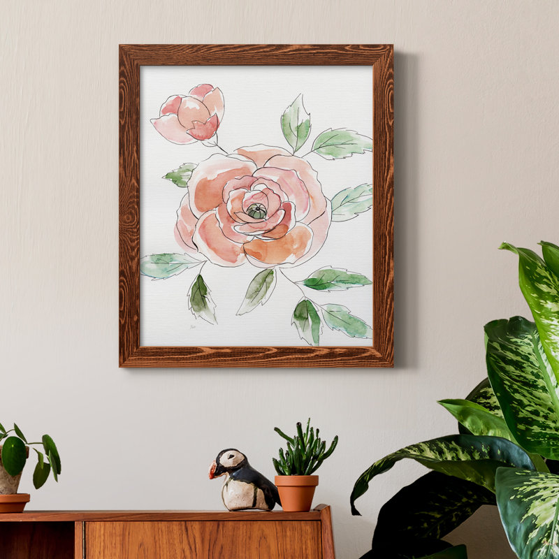 Rose Contour - Peinture sur toile encadrée, H 20 po x l 17 po x P 1,5 po, Cadre en érable