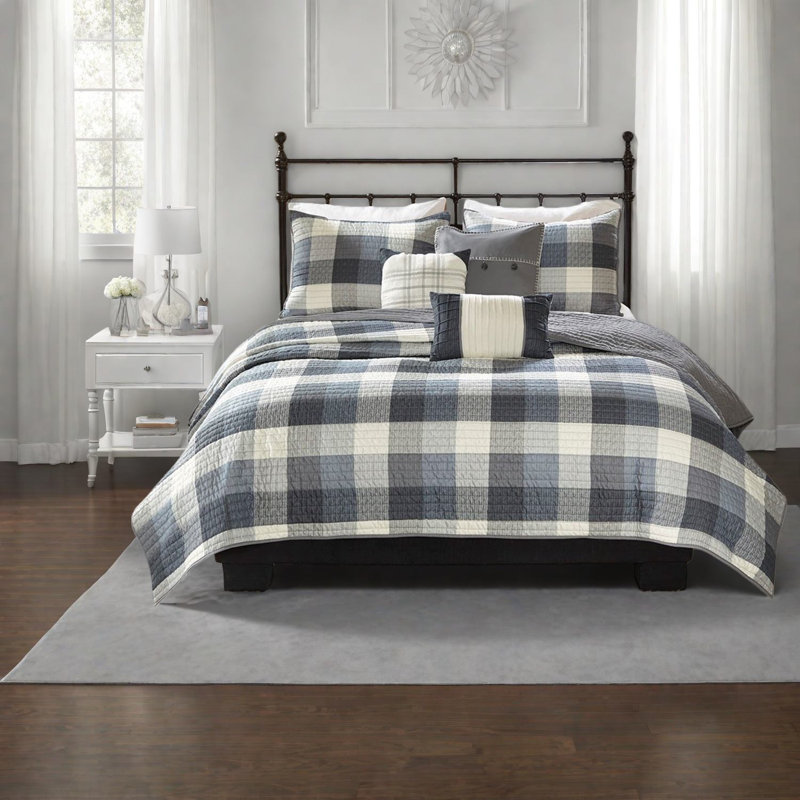Ensemble de literie gris 6 pièces de style maison de campagne, courtepointe à chevrons en polyester pour le confort de la maison