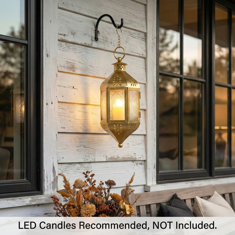 Hanging Moroccan Decorative Candle Lantern with Chain for Outdoor Patio or Porch (Set of 2), Gold, Small