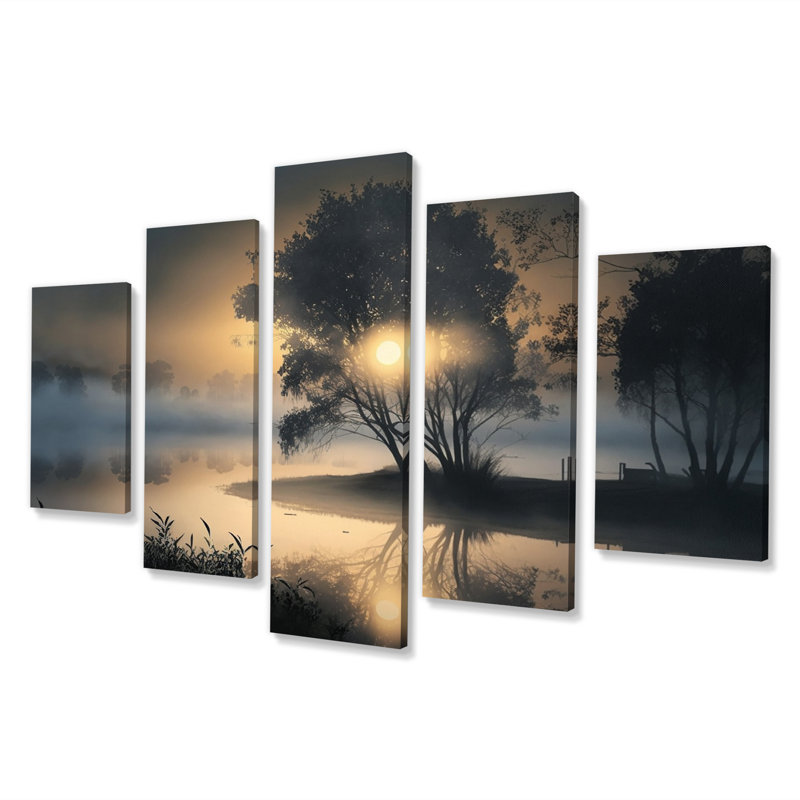 Mystique matin brouillard lever de soleil sur le lac - décoration murale Lakehouse - 5 panneaux