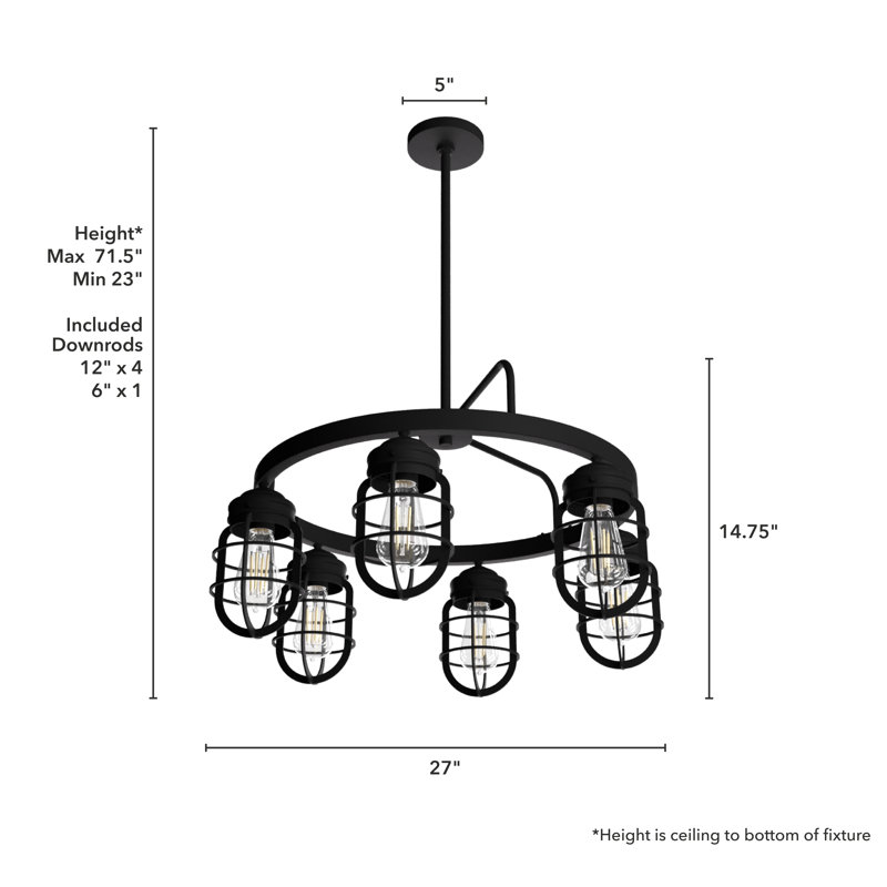 Black Industrial Cage 6-Light Wagon Wheel Chandelier