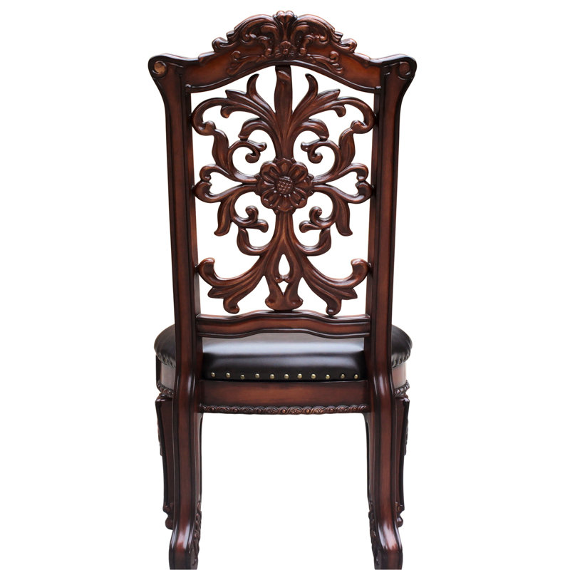 Chaises d'appoint en cerisier brun pour 2 personnes - Coussin de siège rembourré en PU avec garniture cloutée, tablier en bois sophistiqué à motif floral moulé, pieds fuselés 2