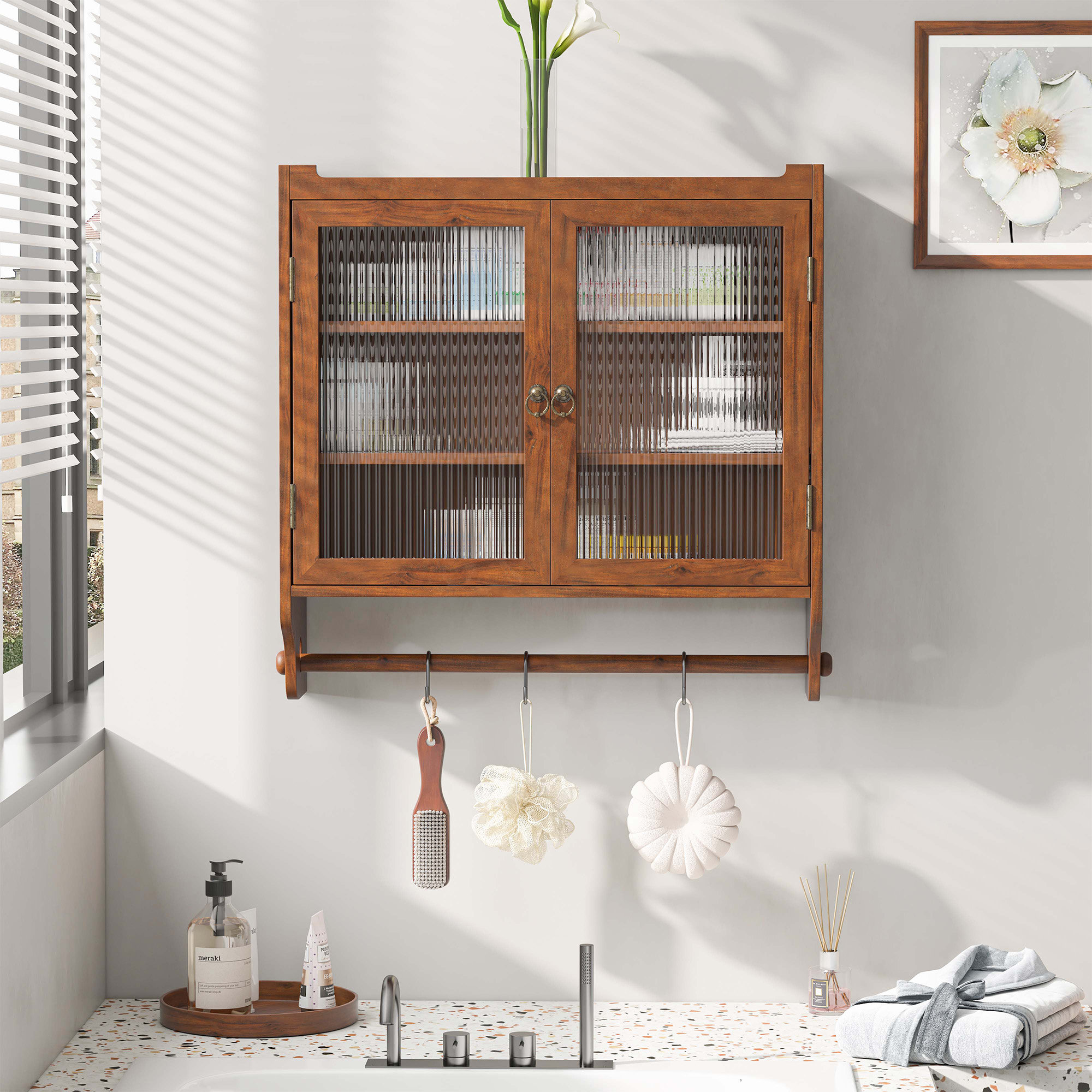 Latitude Run® Vintage Fluted Glass Wall Cabinet with 3-Tier Storage ...