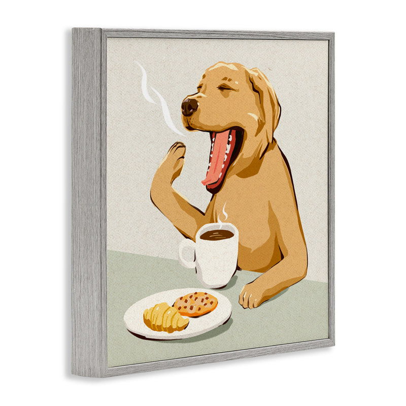 «Yawning Dog Morning Coffee», estampe numérique, conception de Ziwei Li, 24 po x 24 po, Giclée de ferme grise encadrée