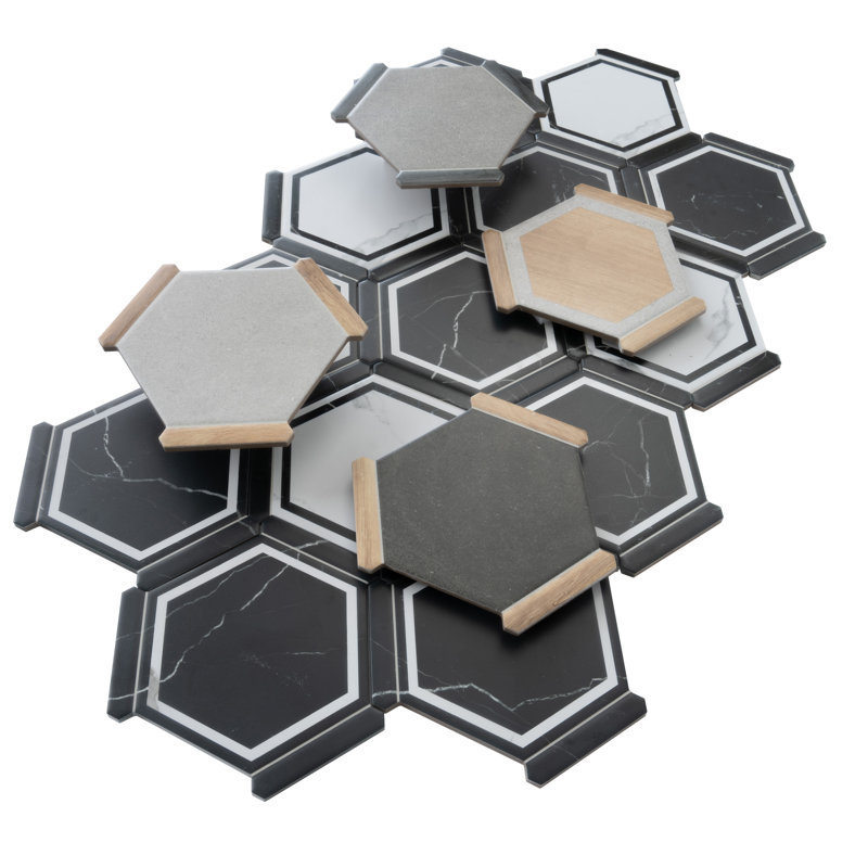 Aureole 8,66 po X 9,84 po Carreau de mur et de plancher en porcelaine hexagonale noir mat et blanc (8,07 pieds carrés / caisse) - 18 feuilles