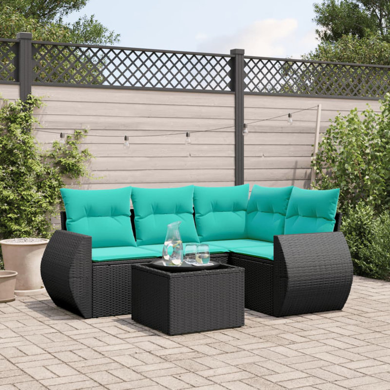 Ensemble de canapé de patio 5 pièces avec coussins en rotin de polyester, Bleu clair, Noir