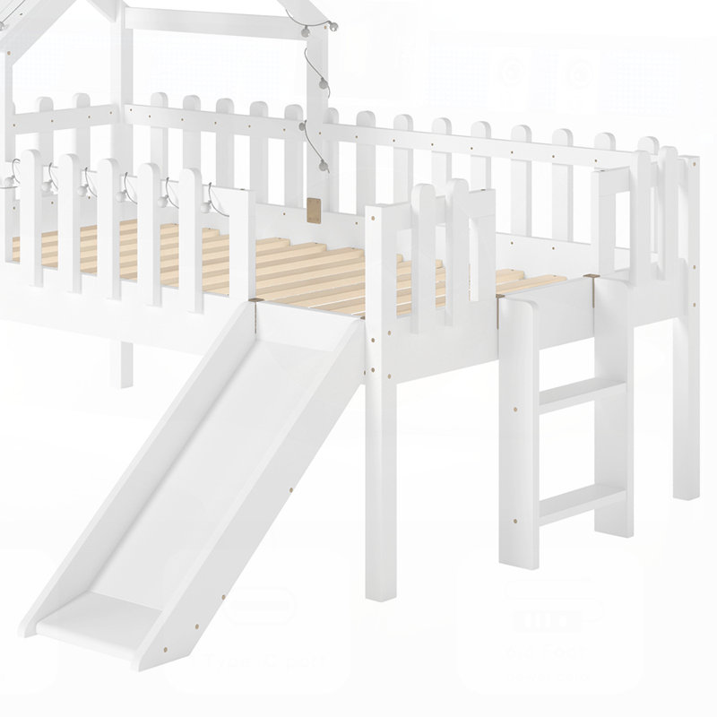 House Loft Bed with Slide and Playhouse Design, Star Moon-shaped Cutouts, LED Lights, No Box Spring Needed, Twin, White
