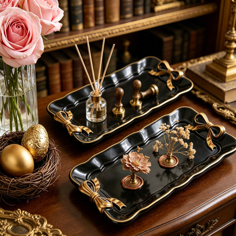 Vintage Decorative Tray Set Of 2, Jewelry And Cosmetic Organizer Tray With Classic Design For Vanity, Bathroom, Desk, And Home Decor