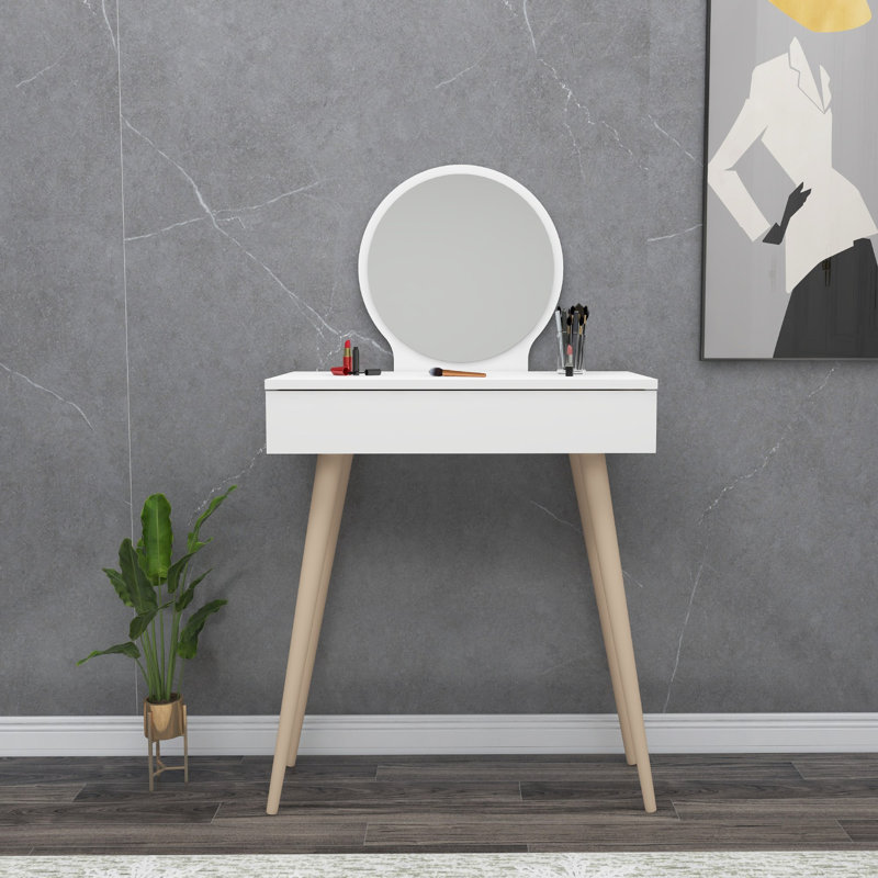Table de maquillage moderne avec miroir, finition blanche, 51,0 po x 28,3 po x 13,8 po | 100% panneau de particules enduit de mélamine, 0,7 pouce d'épaisseur | Pieds élégants en bois de hêtre, parfaits pour les chambres à coucher contemporaines et les espaces de coiffeuse