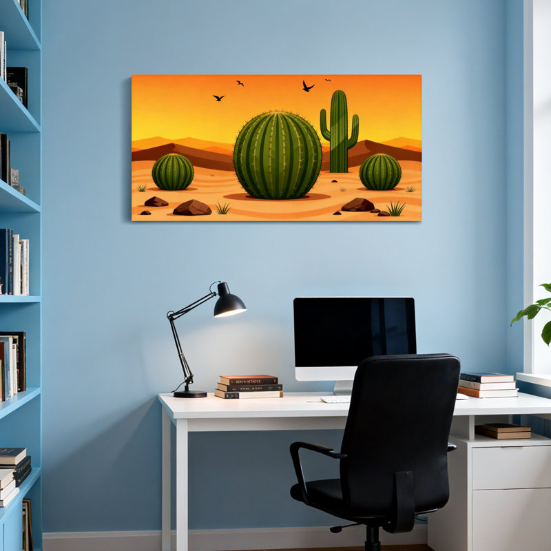 Plantes et fleurs, paysage désertique avec cactus et oiseaux, H 24 po x l 48 po