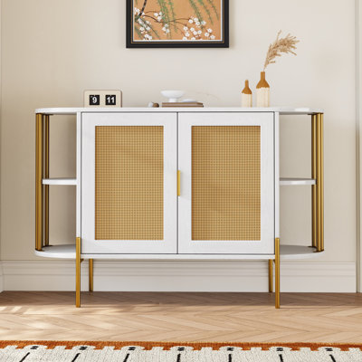 Armoire de salle à manger incurvée élégante à 2 portes avec garniture dorée et portes en rotin tissé pour salle à manger TREXM