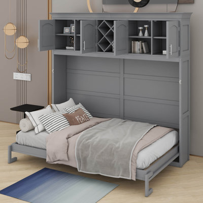 Grand lit escamotable horizontal de taille grand avec tablettes, lit escamotable mural avec armoires supérieures et support à vin