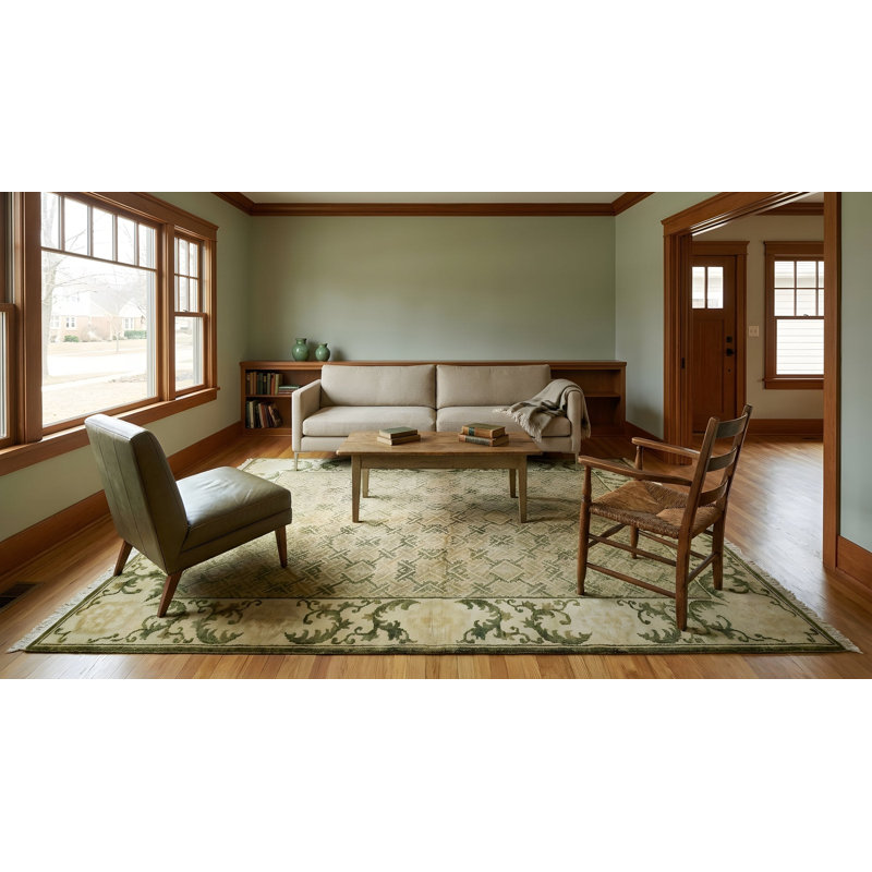Tapis vert moderne à motif géométrique en laine noué à la main, 6 pi x 9 pi