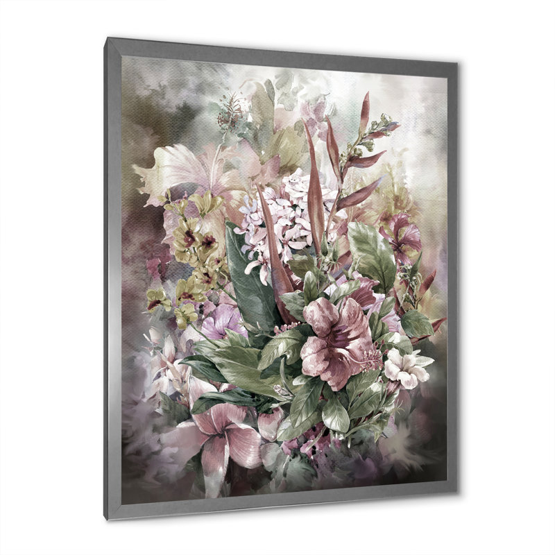 Grunge rose gris, fleurs d'été - décoration murale traditionnelle en toile, H 20 po x l 12 po x P 1 po, Cadre photo argenté