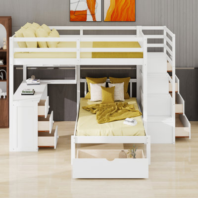 Lit superposé avec bureau, tiroirs et tablettes sous le lit, parfait pour les pièces partagées