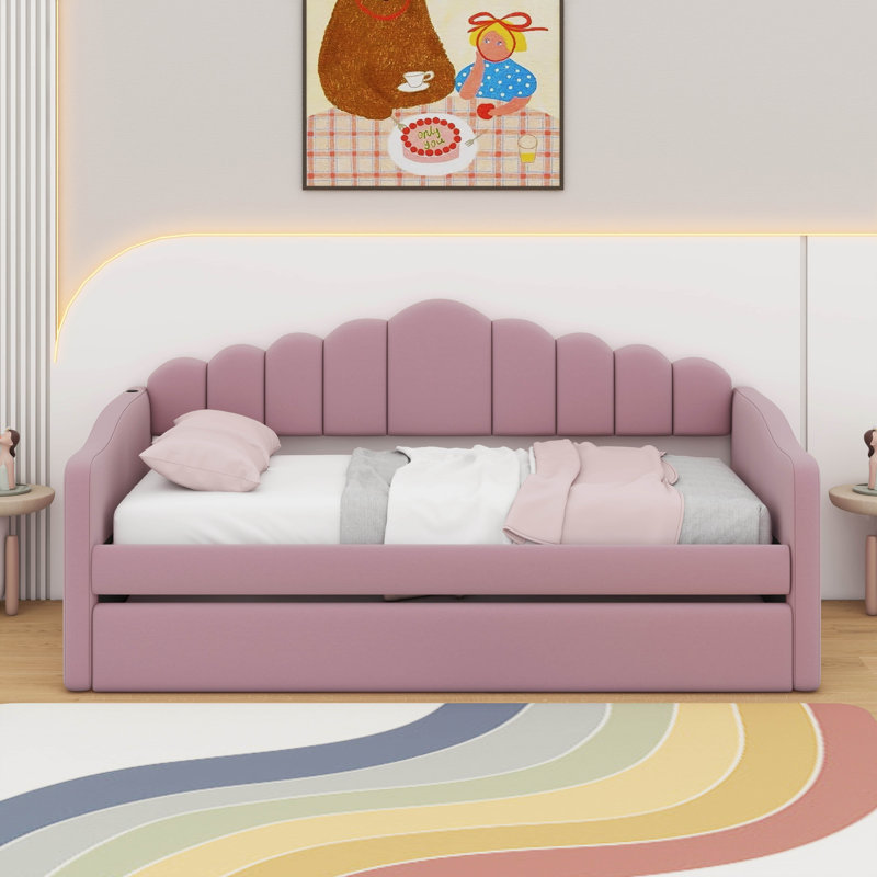 Lit de jour simple tapissier avec lit gigogne et port USB, Rose