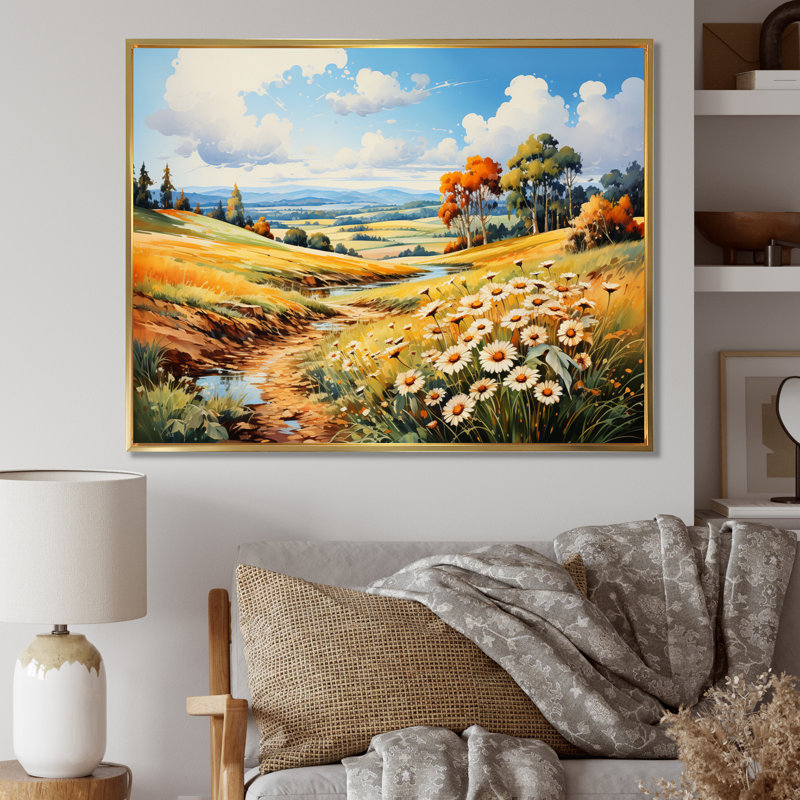 «Meadow Sunflower Symphony» sur toile, H 30 po x l 40 po x P 1,5 po, Cadre flottant doré