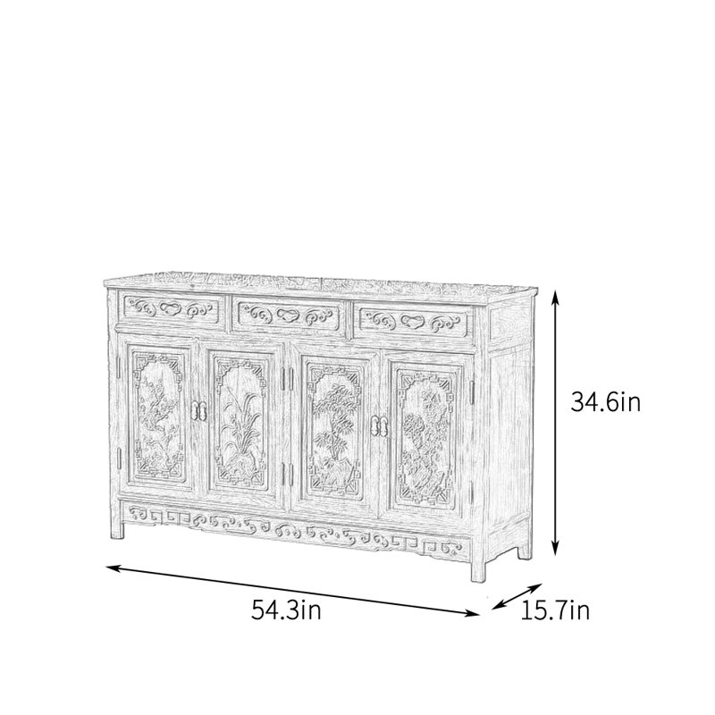 Solid Wood Chinese Sideboard, H 34,6 po x l 54,3 po x P 15,7 po