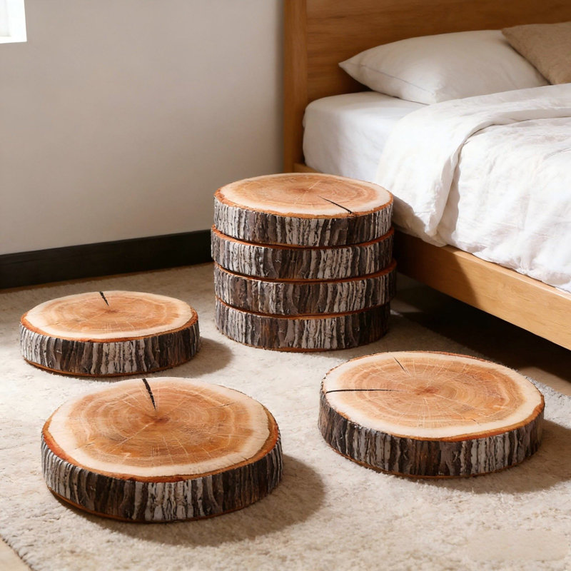 Rustic Round Wood-slice Floor Pillow Set