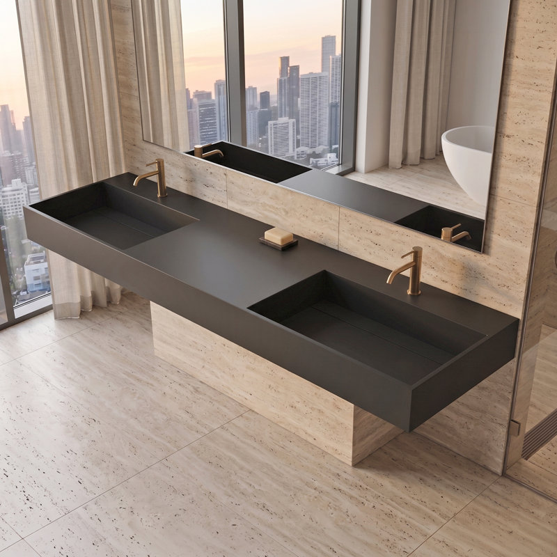 Plateau de meuble-lavabo double 72 po avec lavabo Amelia, Noir