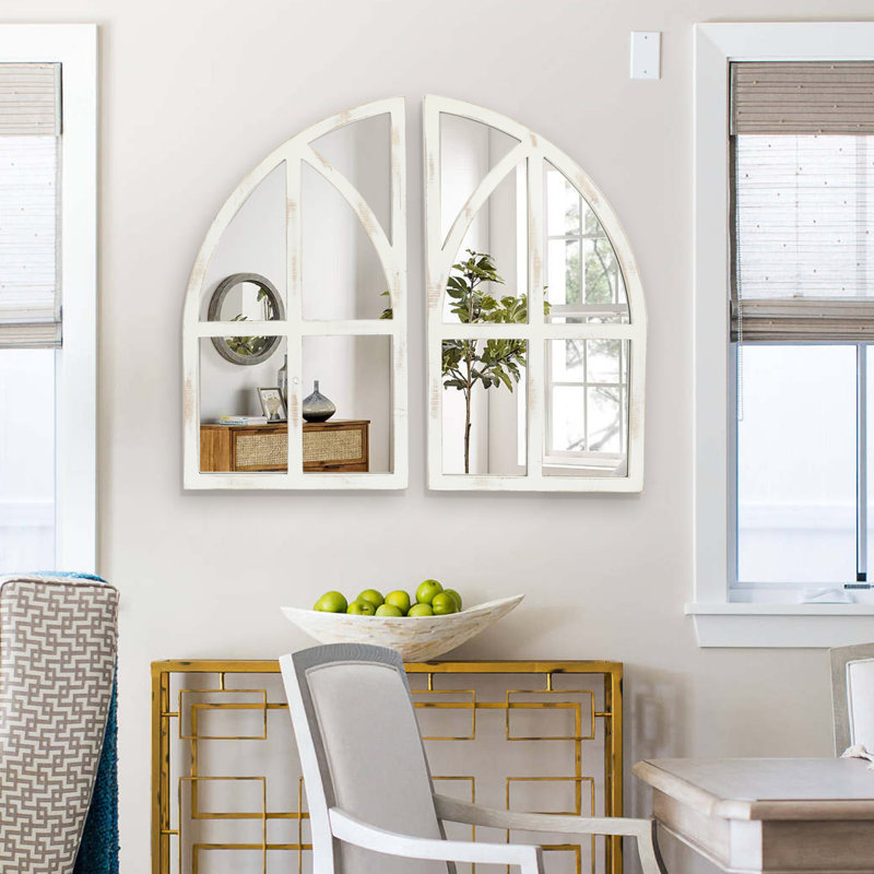 Arched Wood Framed Window Pane Wall Mirror
