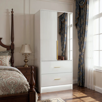 170cm High Gloss 2-Door Wardrobe with LED Mirror & 2 Drawers - Modern White Bedroom Storage