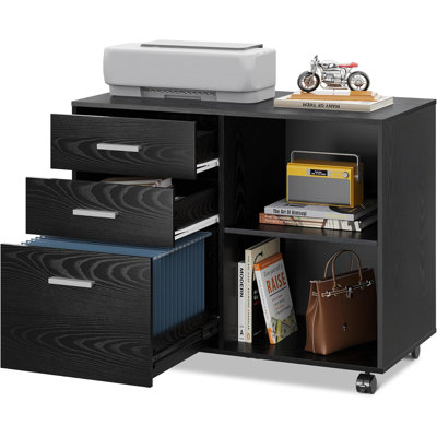 Black 3-Drawer Mobile File Cabinet - Wood Lateral Filing Cabinet With Open Shelves, Printer Stand For Home Office