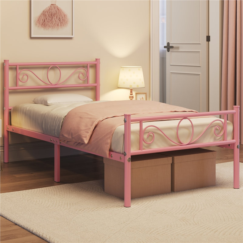 Metal Bed Frame with Headboard/Under-Bed Storage, Single (3'), Pink