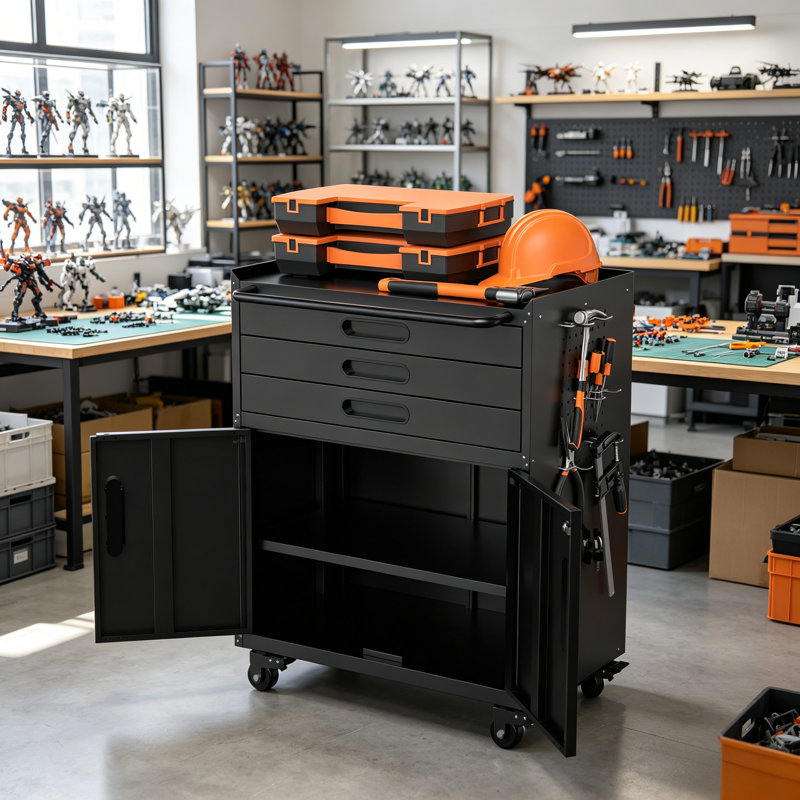 Heavy-Duty Metal Rolling Tool Cabinet, 34.3 Inches, With Lockable Doors And 3 Drawers; Can Be Used As A Mobile Workbench, Suitable For Garages, Workshops, And Home Use.