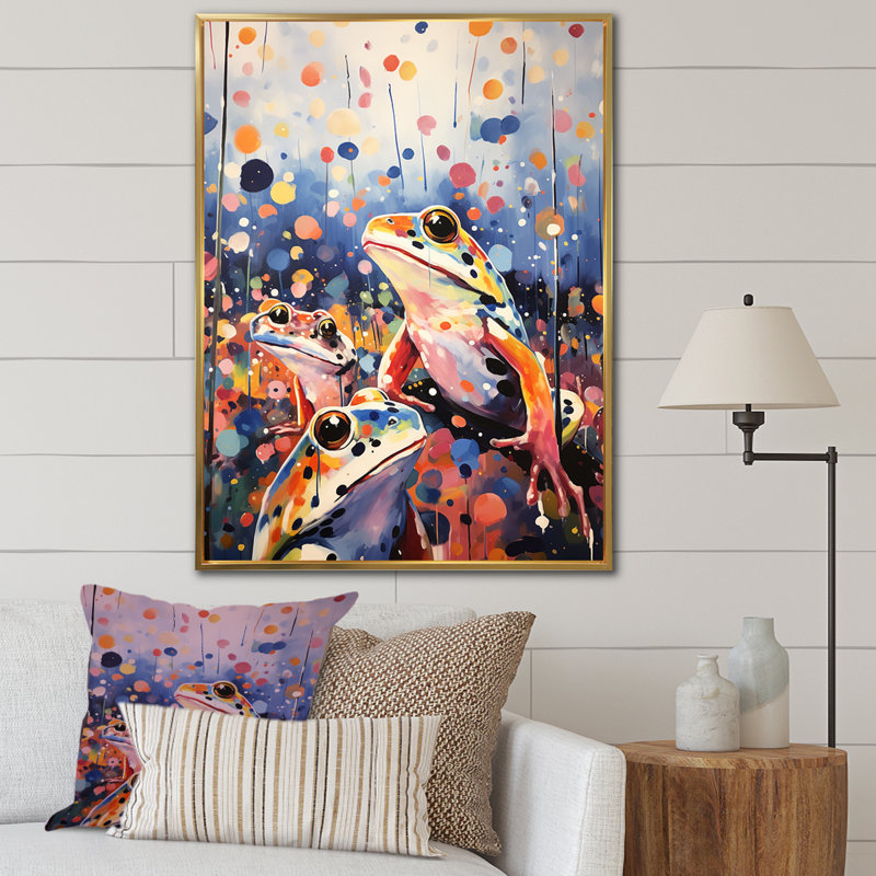 «Popart Frog Popart», reproduction sur toile, Cadre flottant doré, H 32 po x l 16 po x P 1 po